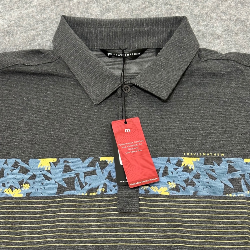 NEW TravisMathew Midnight Train Polo Mens Large Heather Black Floral Stripe